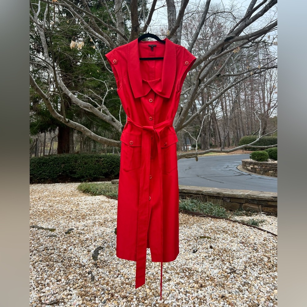 Escada Red Sleeveless Button-Up Dress with Belt 100% Silk